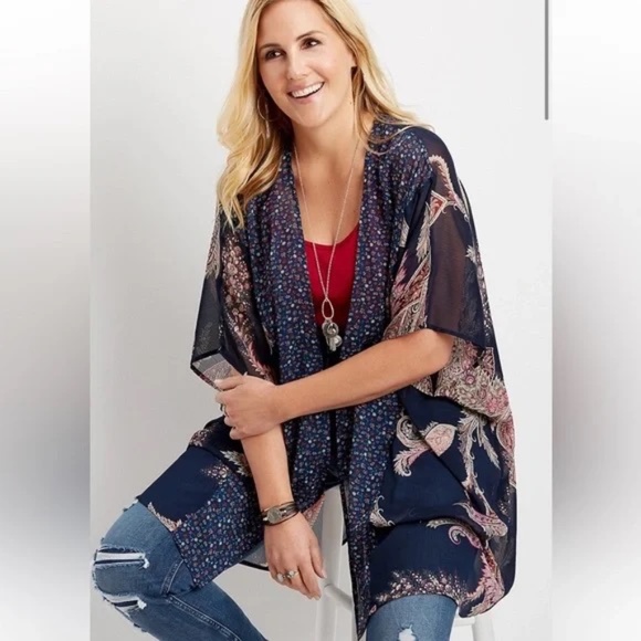 Maurices Floral Block Open Front Peasant Sleeve Boho Kimono Size 0/1 - Picture 1 of 5